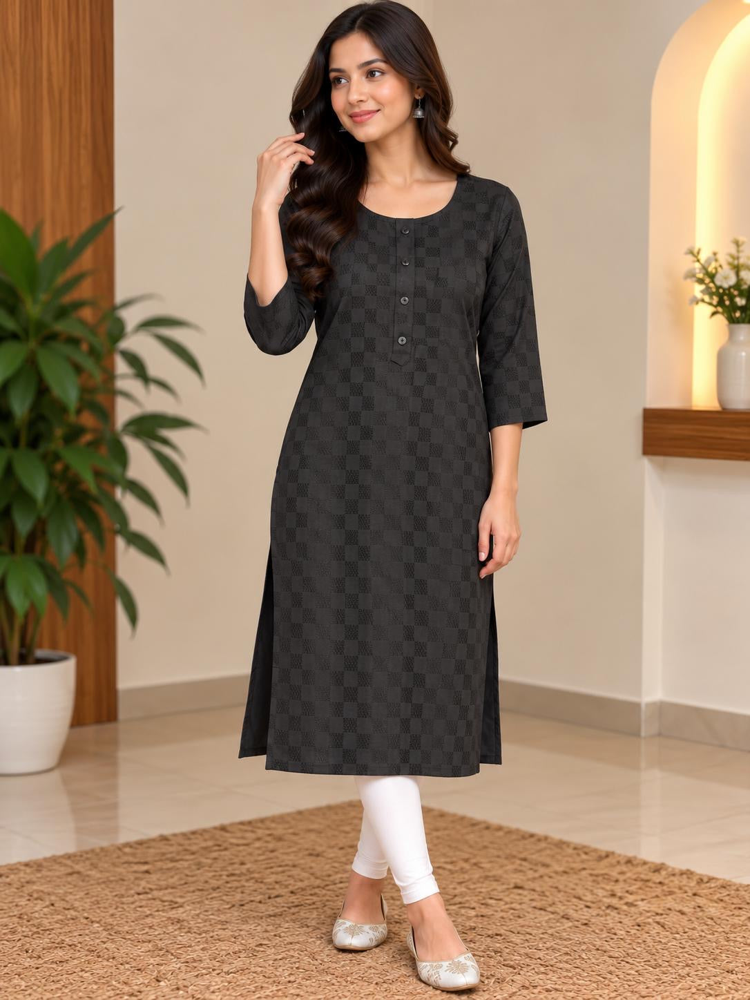 Schwarzes Damen-Kurta-Top mit dezentem Muster, abgebildete Hose nicht enthalten
