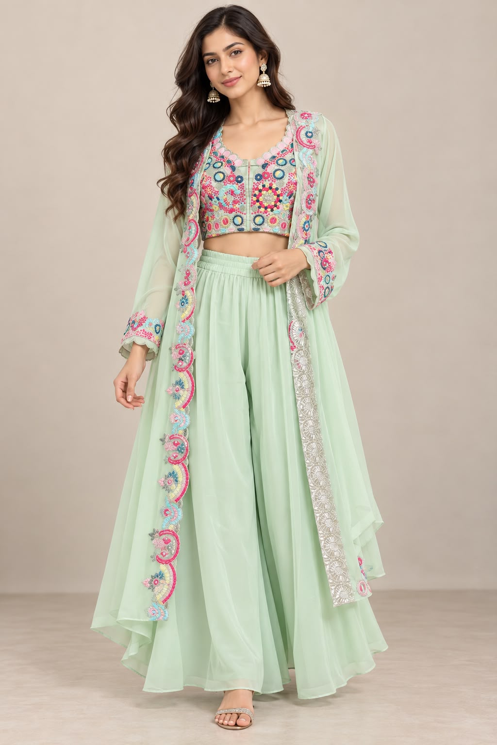 Pink Embellished Three-Piece Palazzo Set – XXL