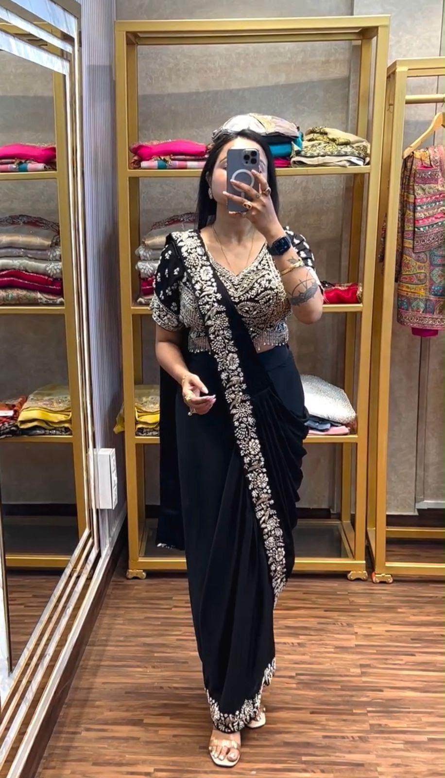 Black Drape Saree – Semi-Beads Embroidered Ready To Wear