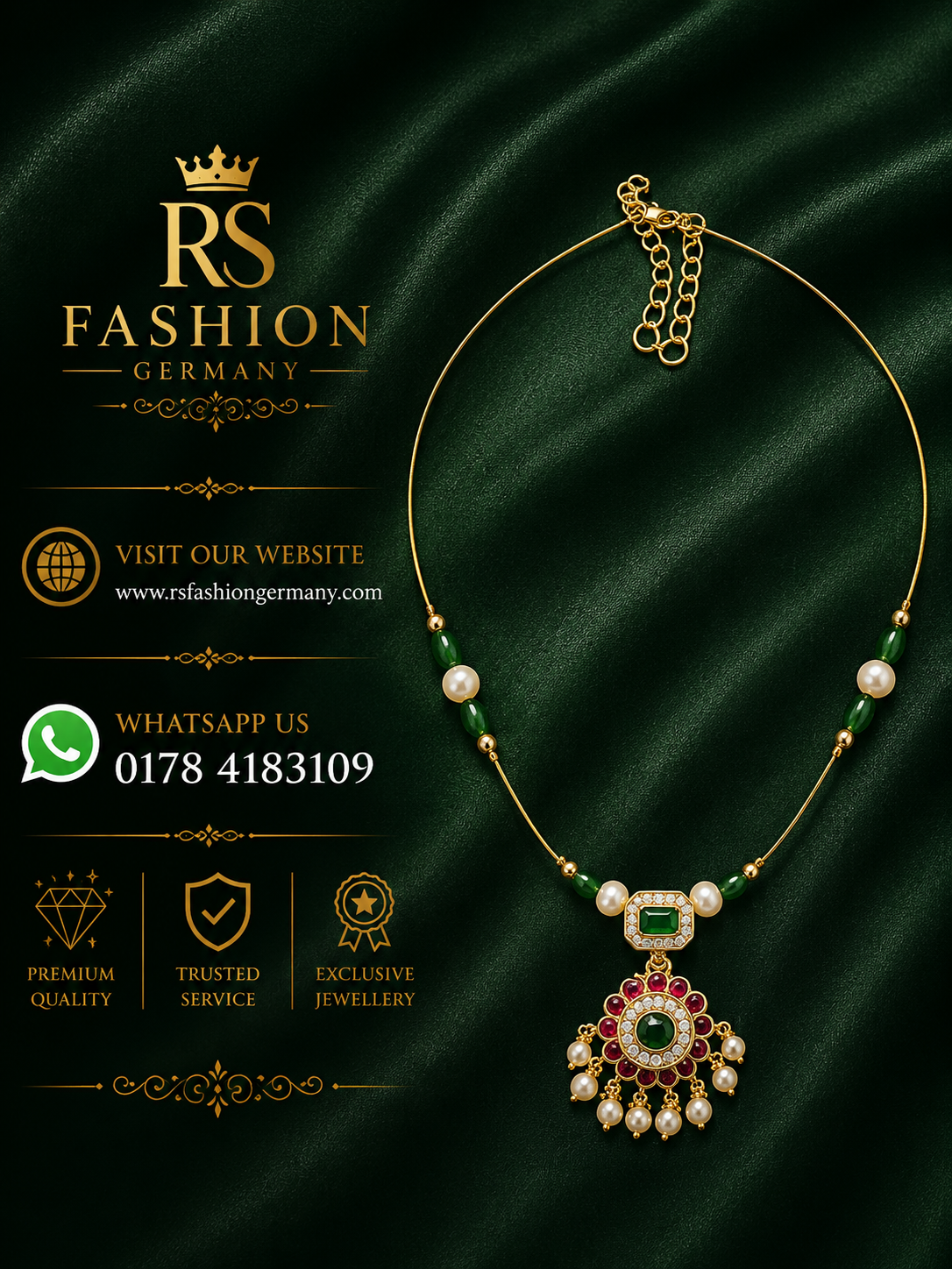 Gold Necklace – Red & Green Stone Pendant