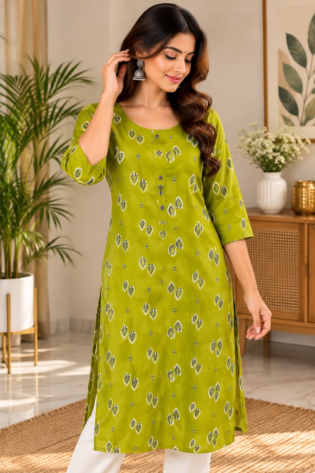Lime Green Leaf Motif Print Kurti – L