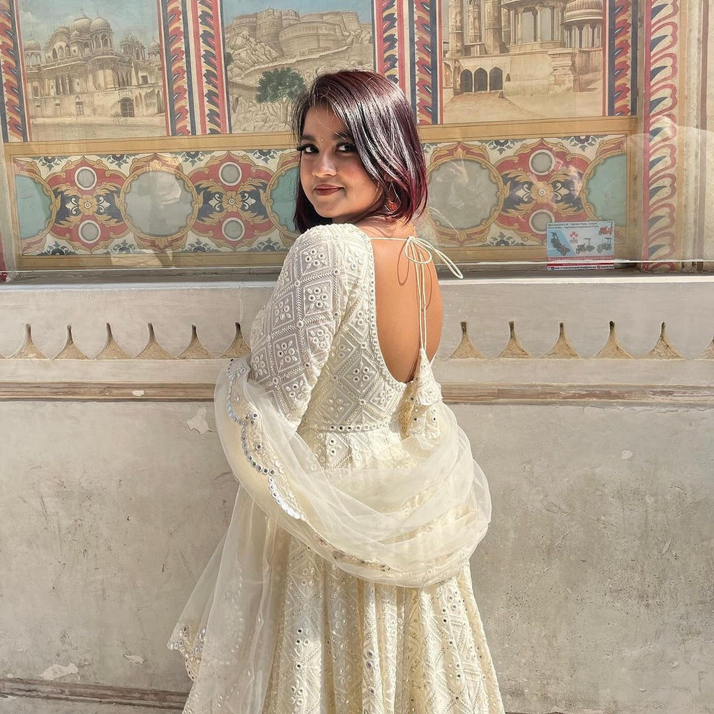 White Chikankari Anarkali Size M