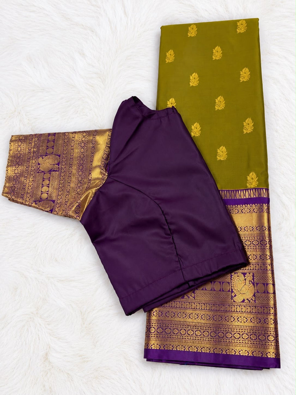 Olive Green Kanchi Butta Silk Saree with Rich Pallu & Purple Blouse