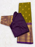 Olive Green Kanchi Butta Silk Saree with Rich Pallu & Purple Blouse