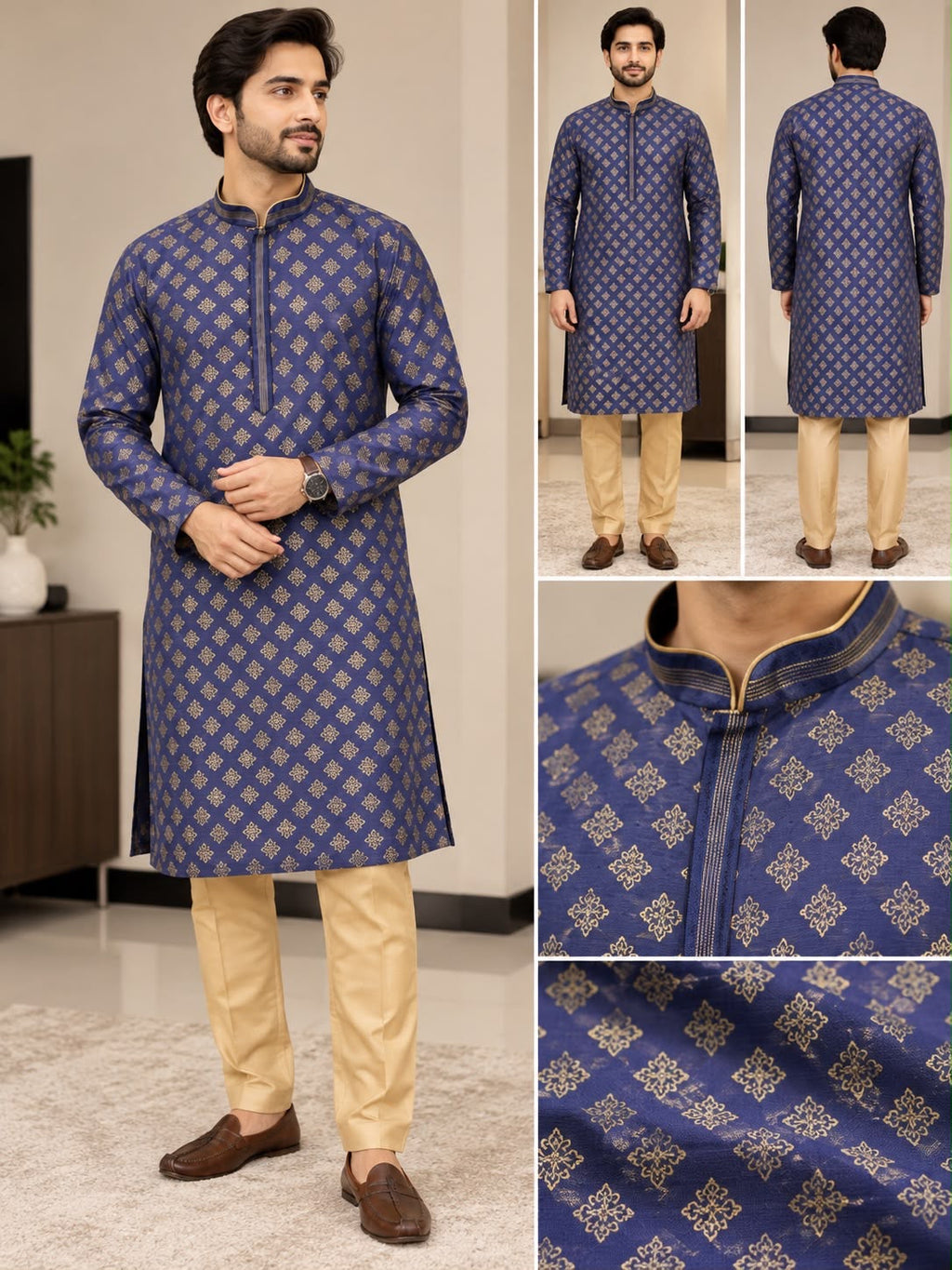 Men's Blue Embroidered Kurta with Churidar Pajama 42 Size