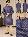 Men's Blue Embroidered Kurta with Churidar Pajama 42 Size