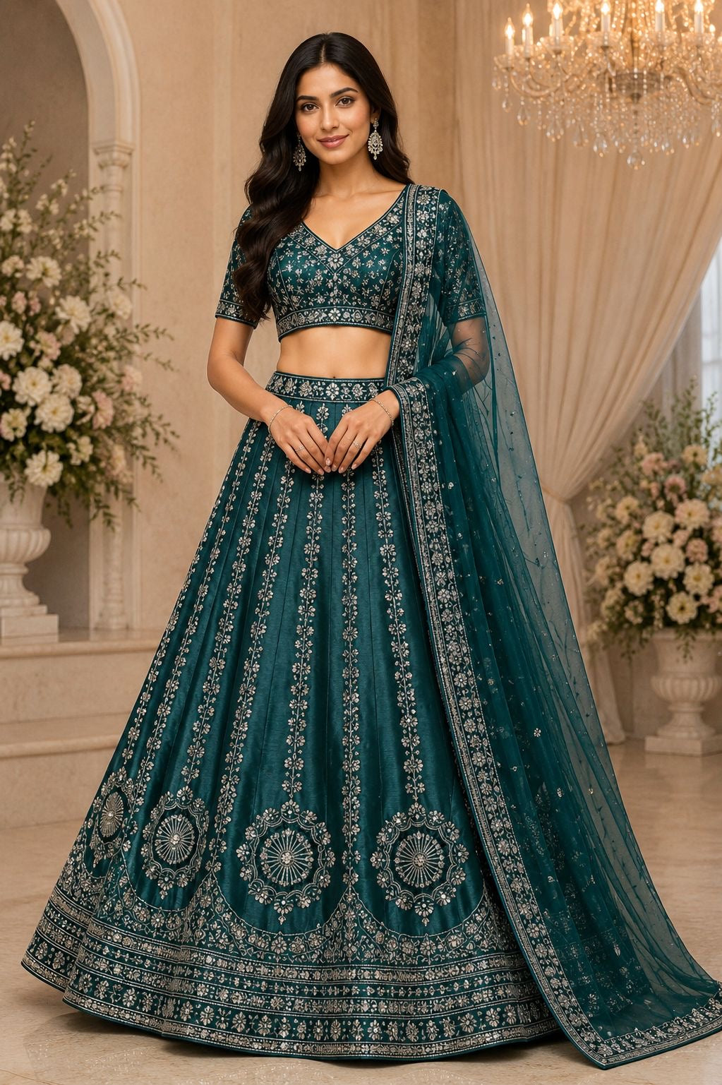 Teal Embroidered Lehenga Set Unstiched