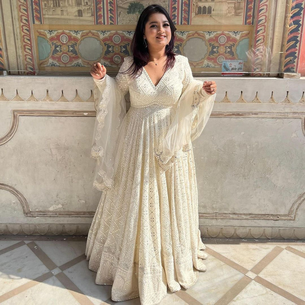 White Chikankari Anarkali Size M