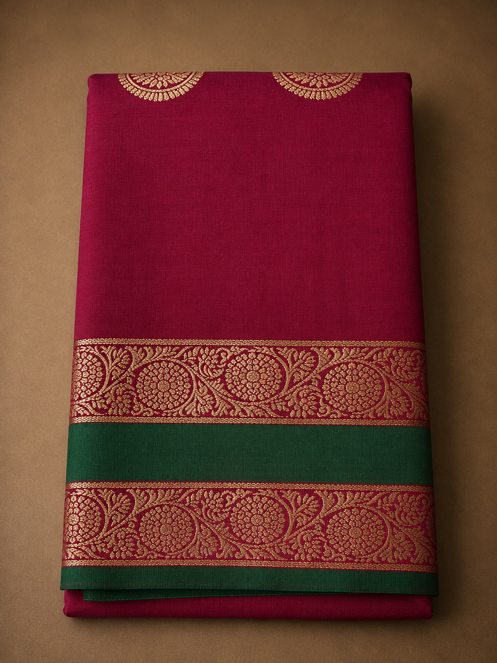 Cotton Soft Silk Saree Magenta mit grüner Bordüre