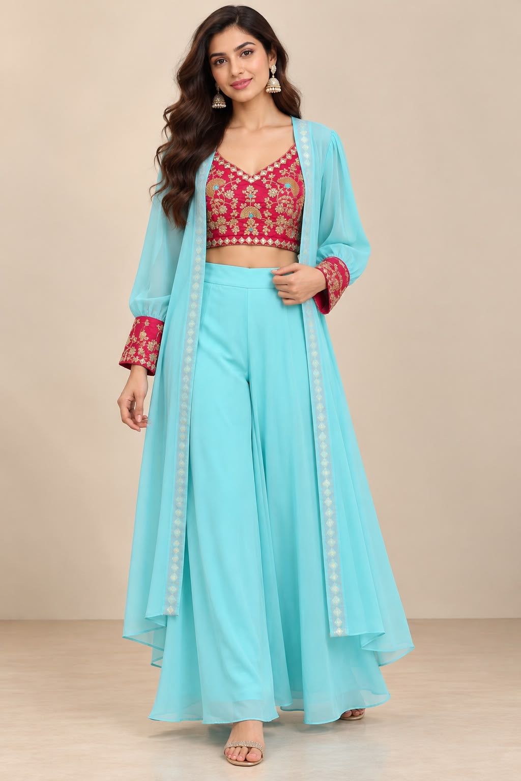 Aqua Three-Piece Palazzo Set with Red Floral Top – M size