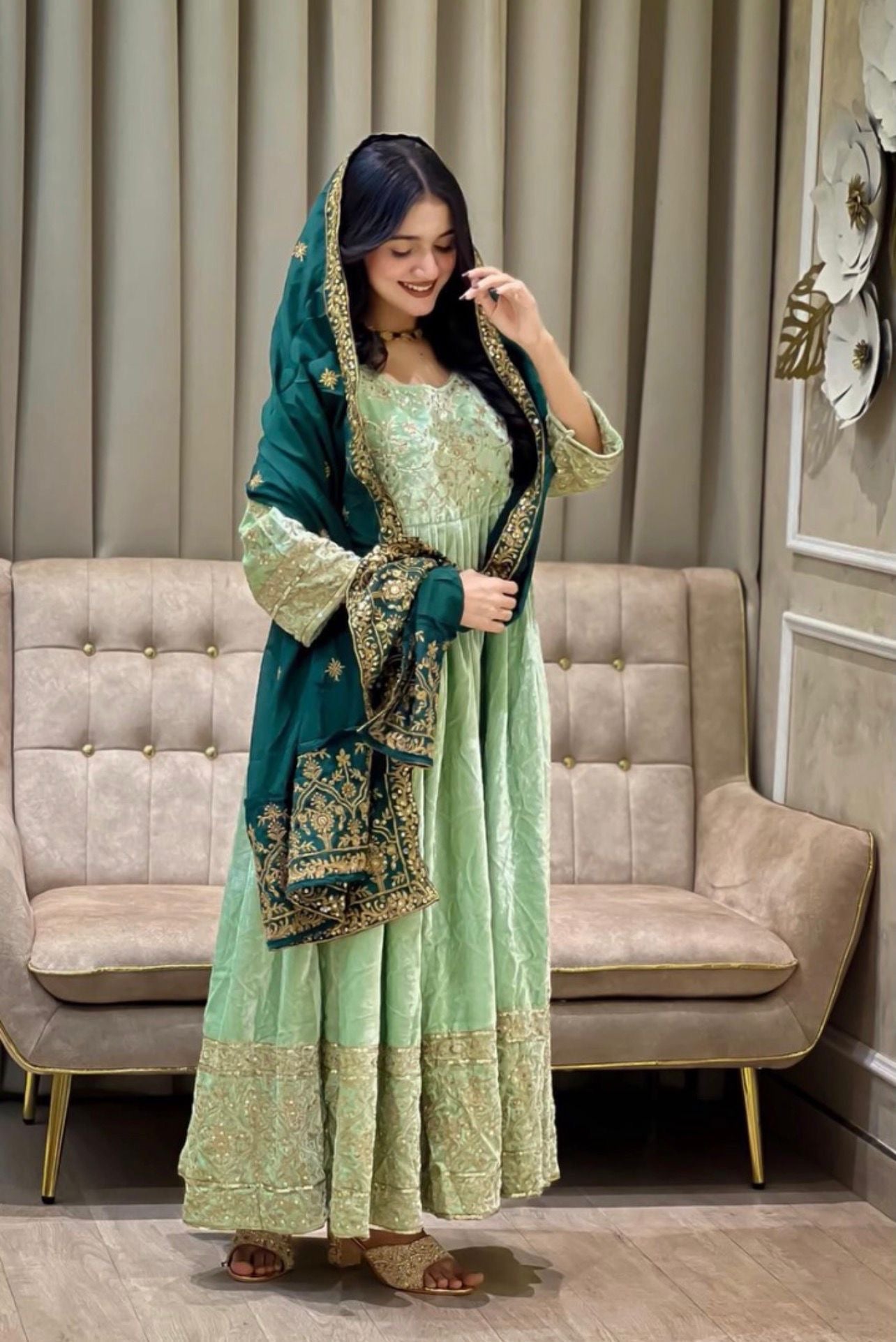 Mintgroene Zari Anarkali Maat XL