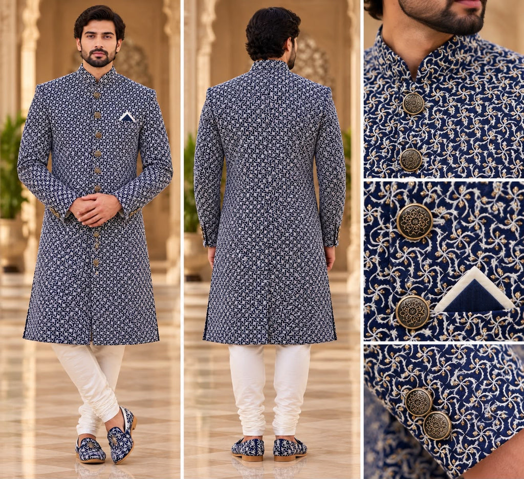 Navy and White Patterned Sherwani – Size 38