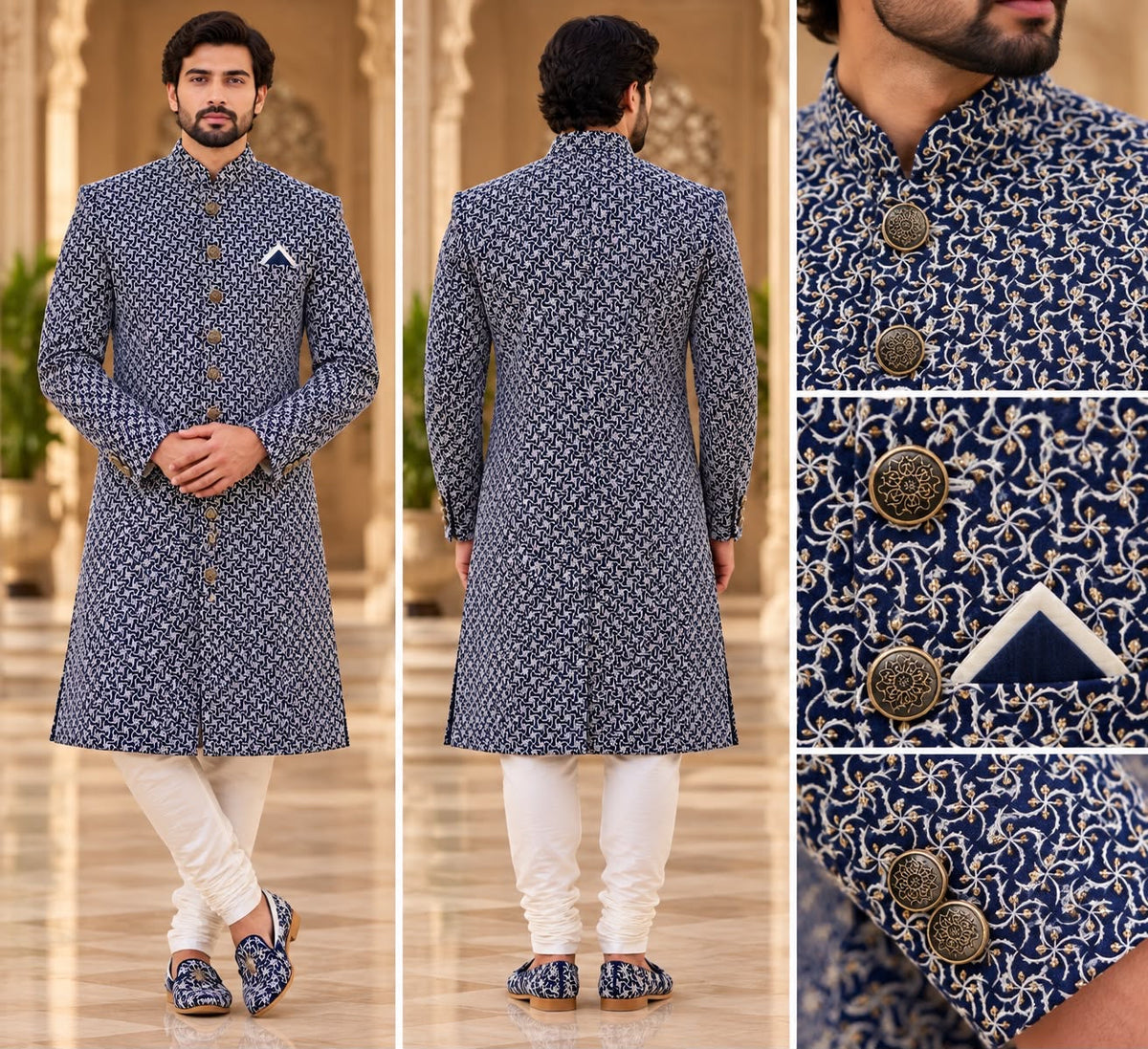 Navy and White Patterned Sherwani – Size 38