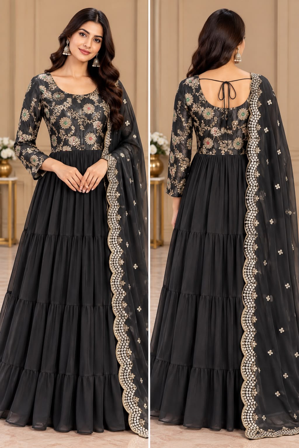 Black Anarkali Dress with Gold-Tone Floral – M size