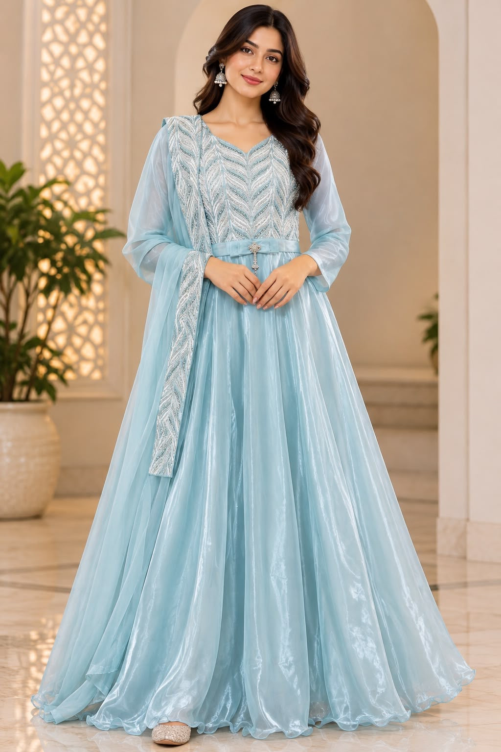 Light Blue Embellished Anarkali Dress – Size L