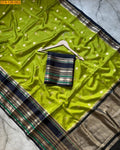 Parrot Green Silk Saree with Black Gold Border