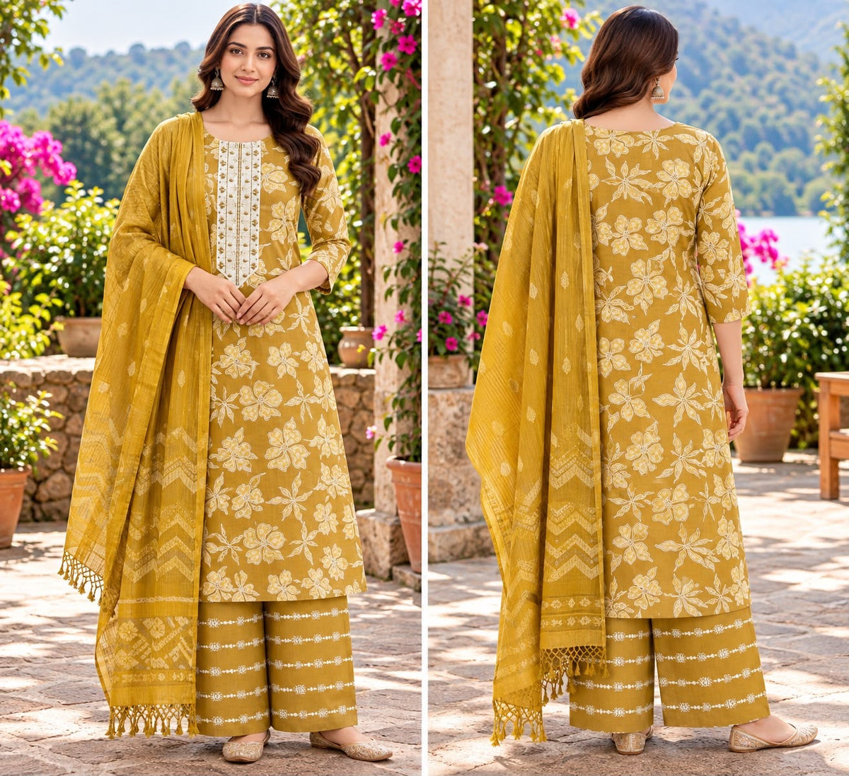 Mustard Floral Printed Palazzo Suit – Size XL