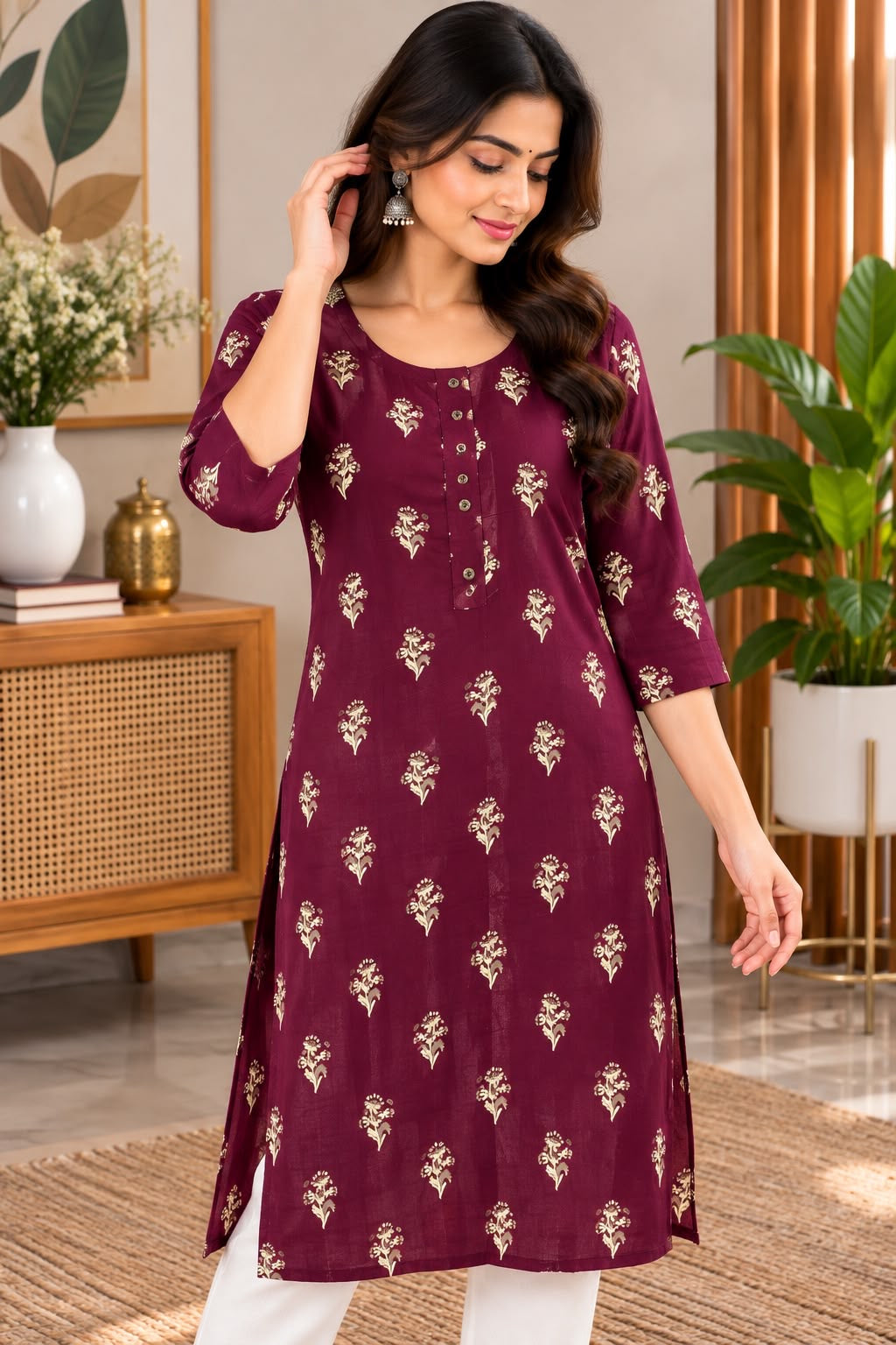 Burgundy Floral Sprig Print Kurti – M-L