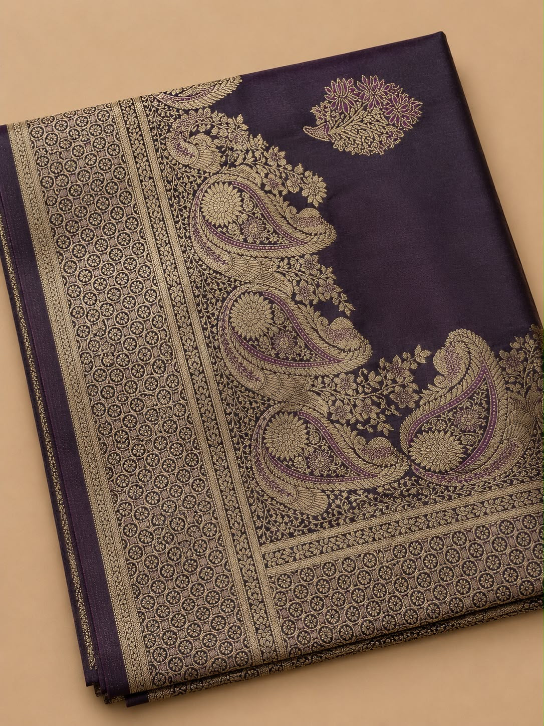 Plum Violet Banarasi Silk Saree with Gold Zari Paisley Pallu & Bouquet Butis