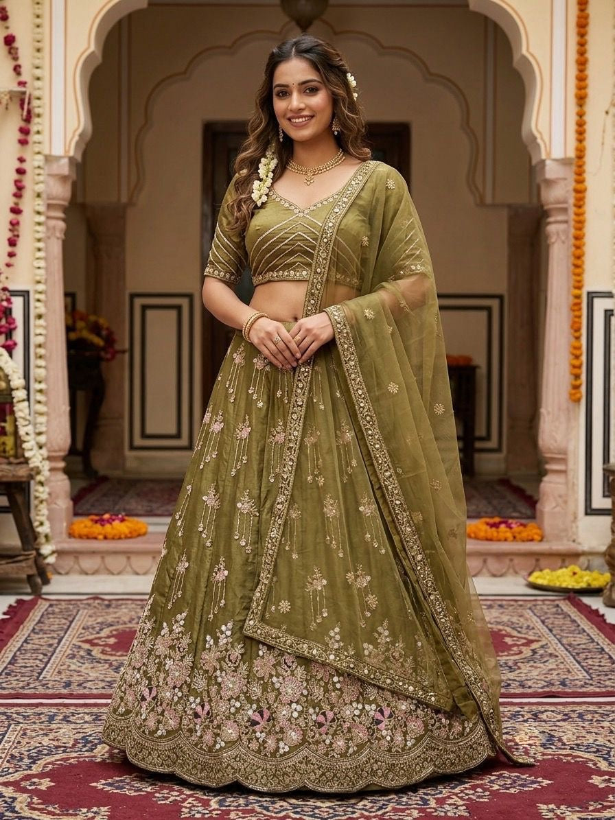 Mehendi Green Bridal Lehenga Unstiched blouse
