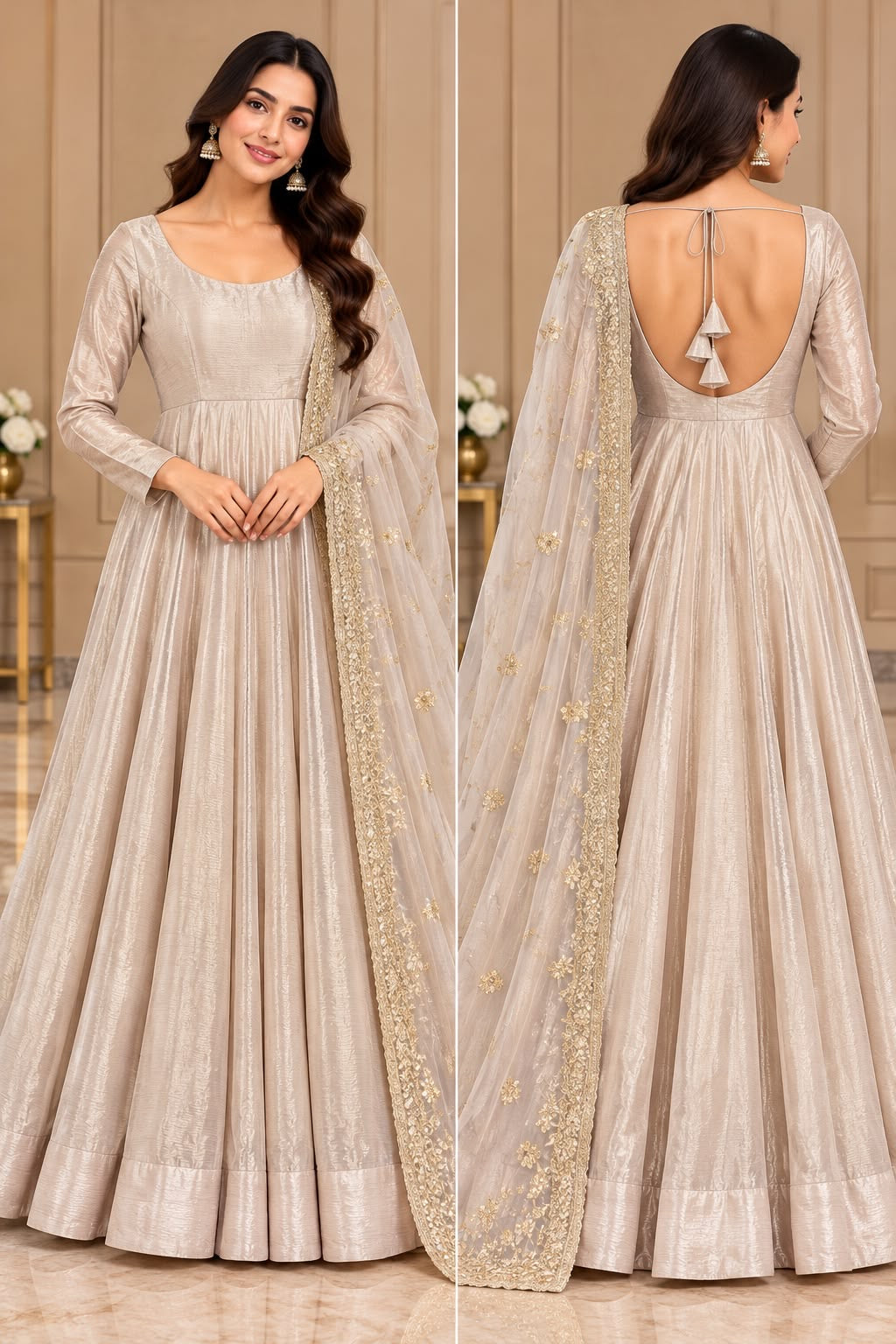 Champagne Beige Shimmer Anarkali Dress – M size