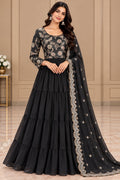 Black Anarkali Dress with Gold-Tone Floral – M size
