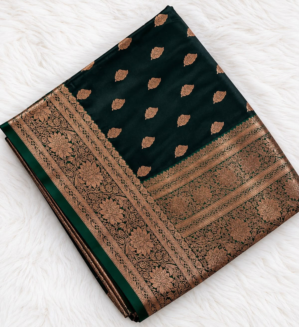 Dark Green Banarasi Saree with Gold Zari Leaf Buti