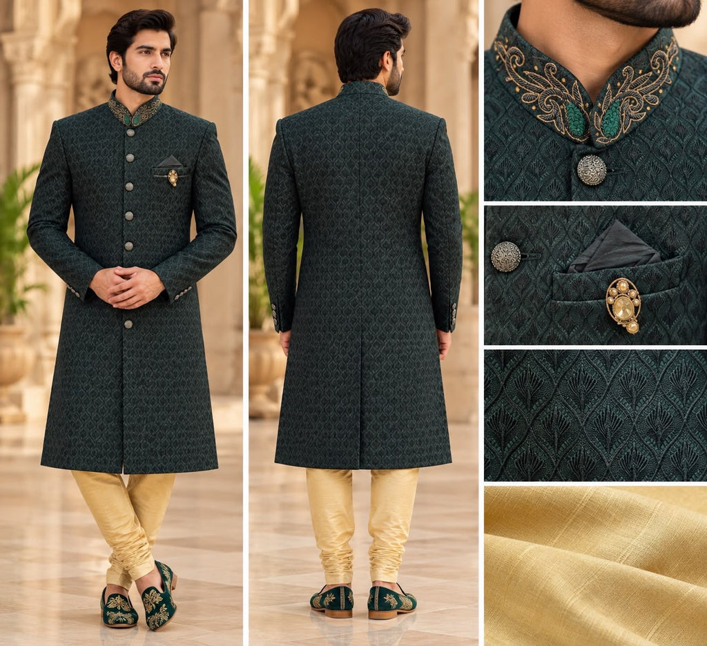 Dark Green Sherwani with Embellished Collar – Size 38