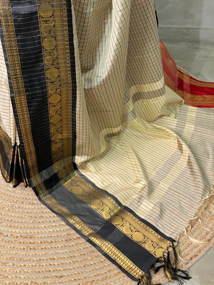 Trending Viral Collection Banarasi Semi Soft Saree – Ivory & Black