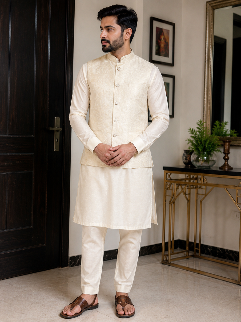 Ivory Jacquard Nehru Jacket Set M size