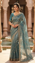 Teal Tissue Saree with Gold Zari & Sequin Embroidery