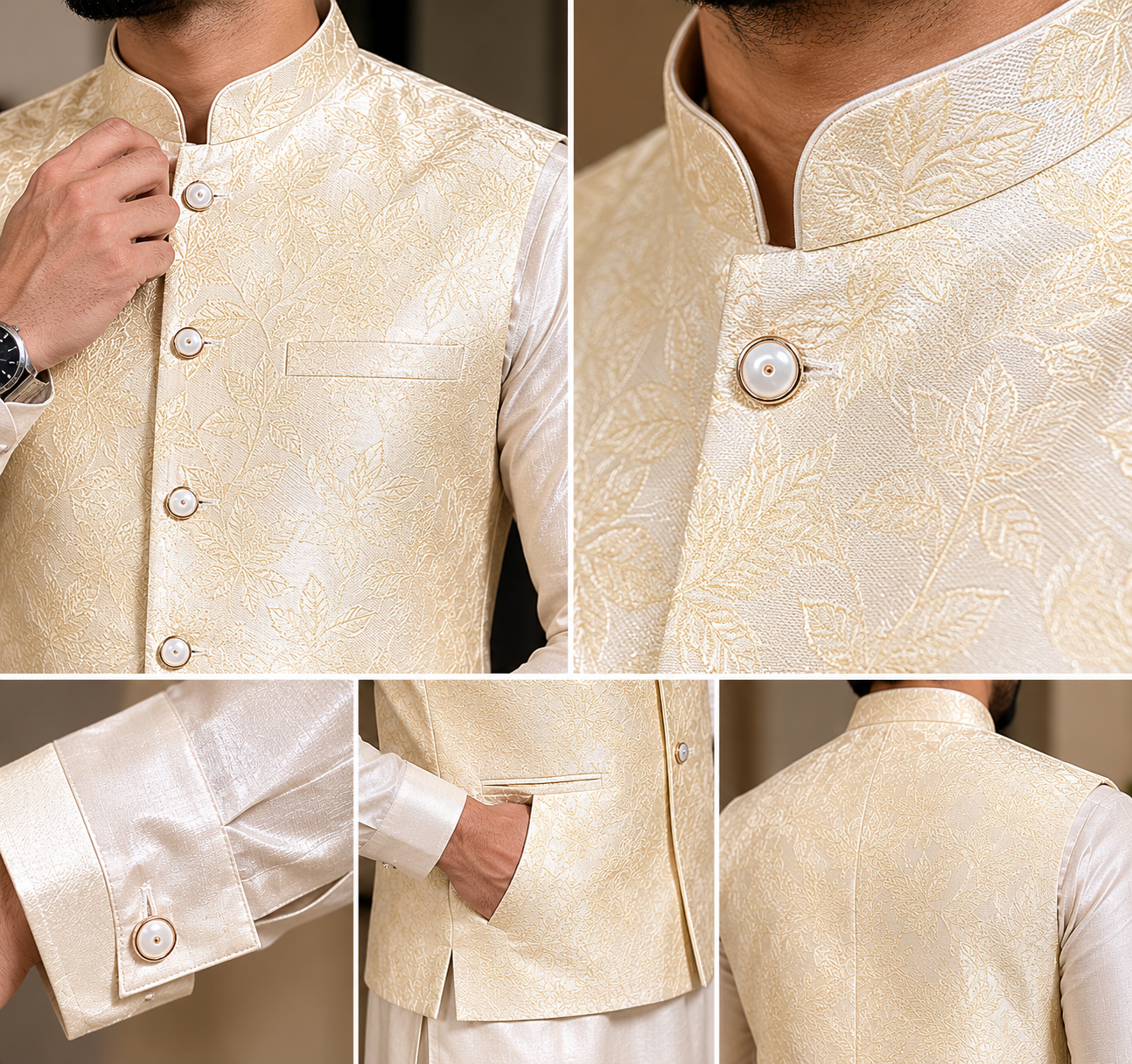 Ivory Jacquard Nehru Jacket Set M size