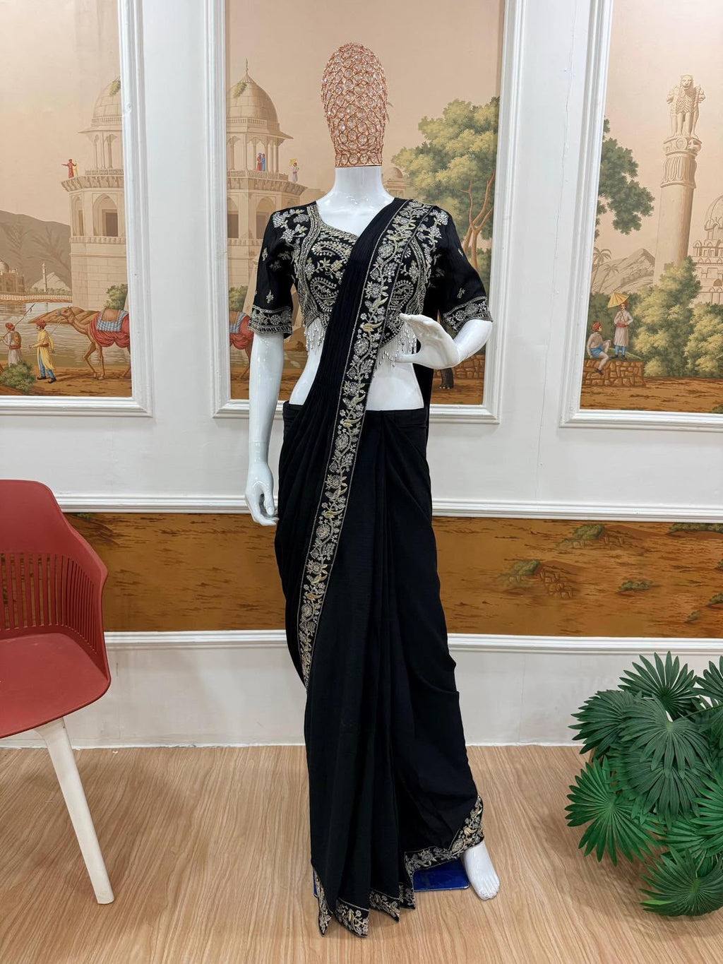 Black Drape Saree – Semi-Beads Embroidered Ready To Wear
