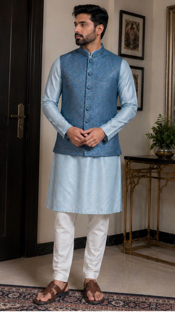 Men's Blue Kurta with Nehru Jacket Set