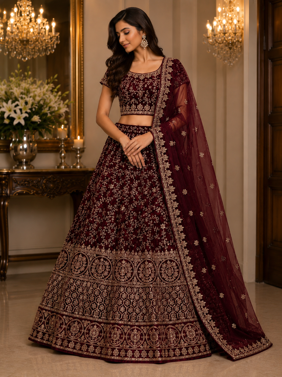 Maroon Embroidered Lehenga Set