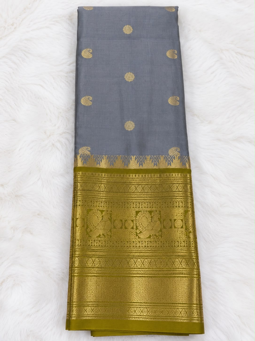 Grey & Olive-Gold Saree with Stitched Blouse – Chest 100 cm