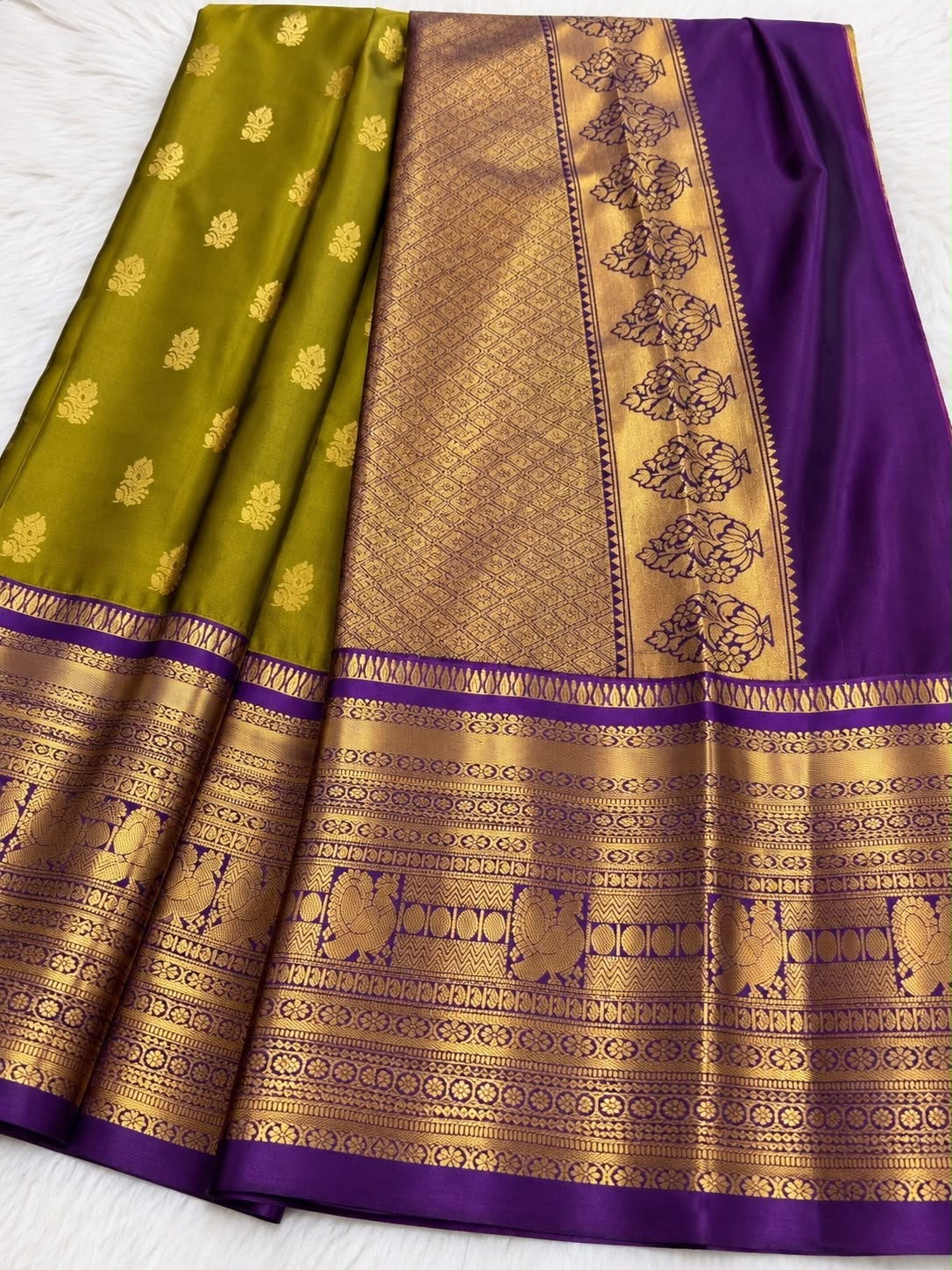 Olive Green Kanchi Butta Silk Saree with Rich Pallu & Purple Blouse