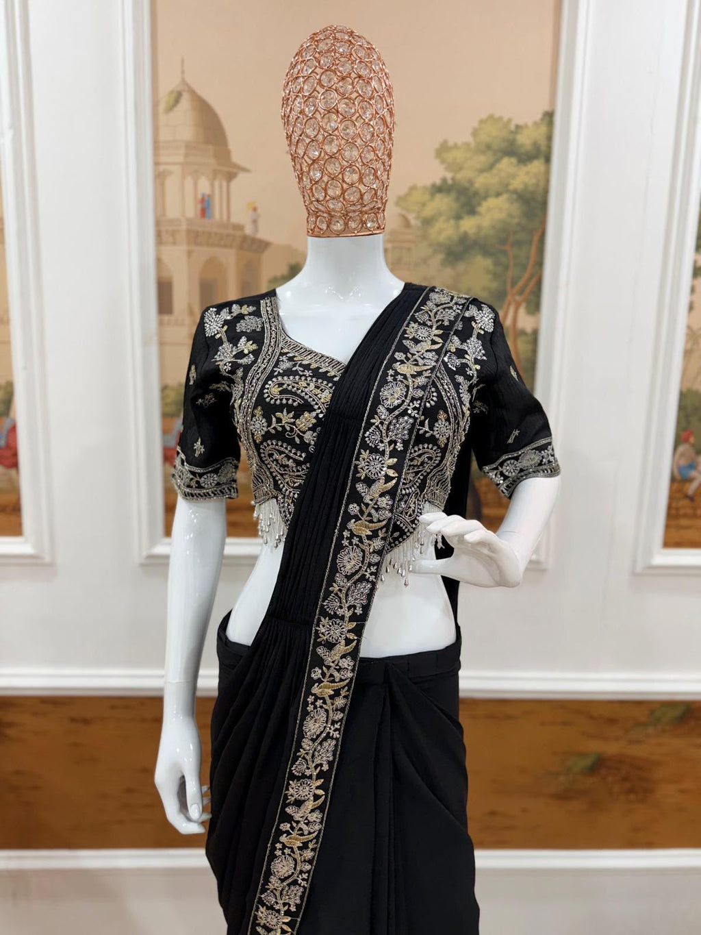 Black Drape Saree – Semi-Beads Embroidered Ready To Wear