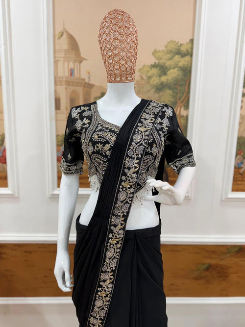 Black Drape Saree – Semi-Beads Embroidered Ready To Wear