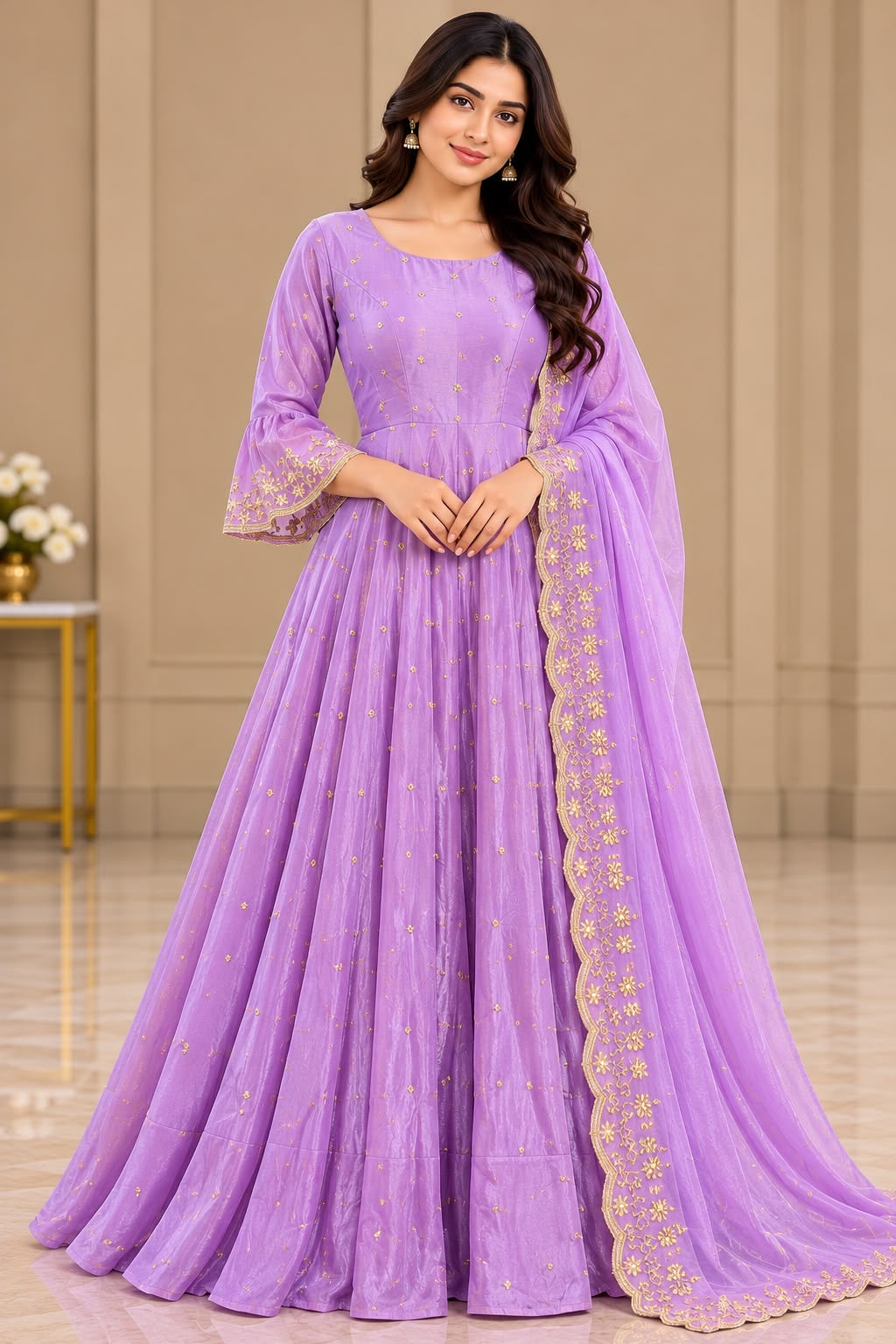 Lavender Anarkali Outfit with Gold-Tone Detailing