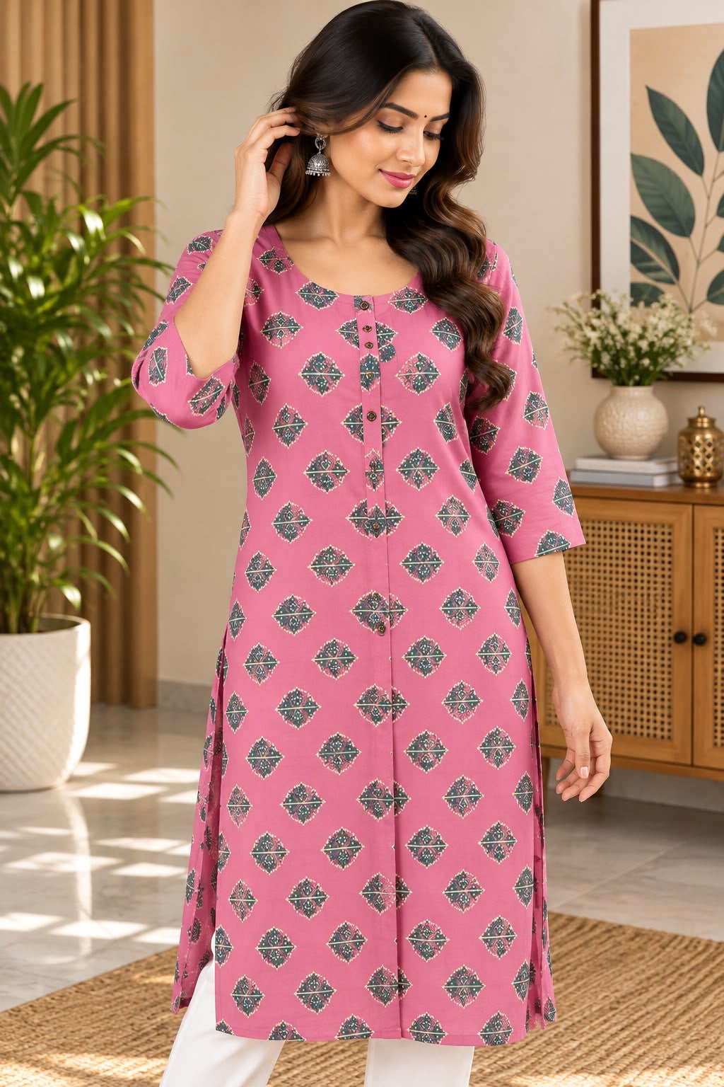 Pink Diamond Motif Print Kurti – M-L
