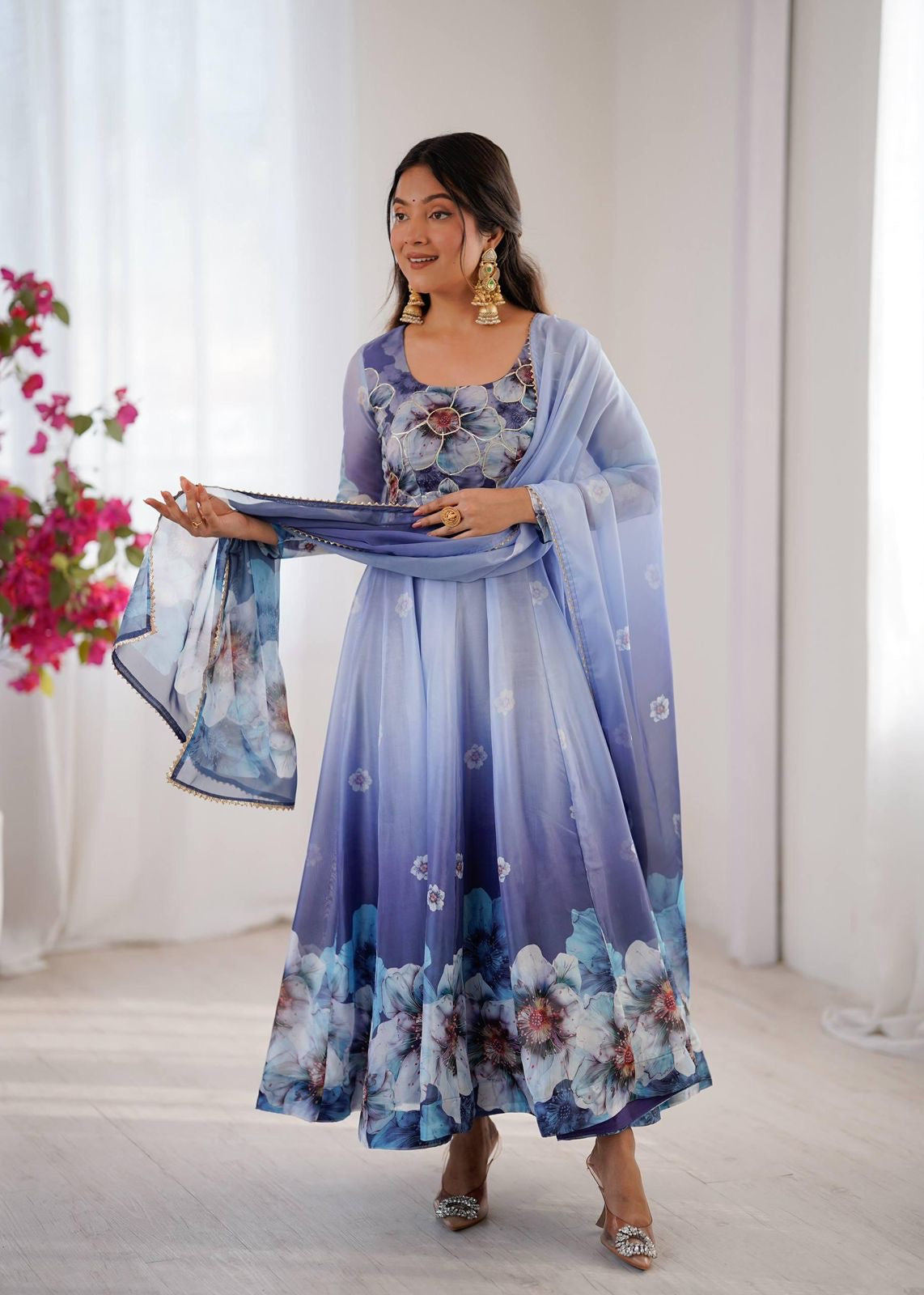 Blauwe bloemen Anarkali Maat L