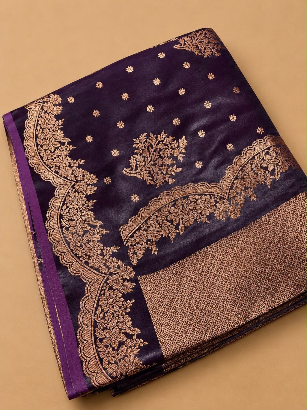 Purple Banarasi Silk Saree with Rose Gold Zari Floral Bouquet Weaving