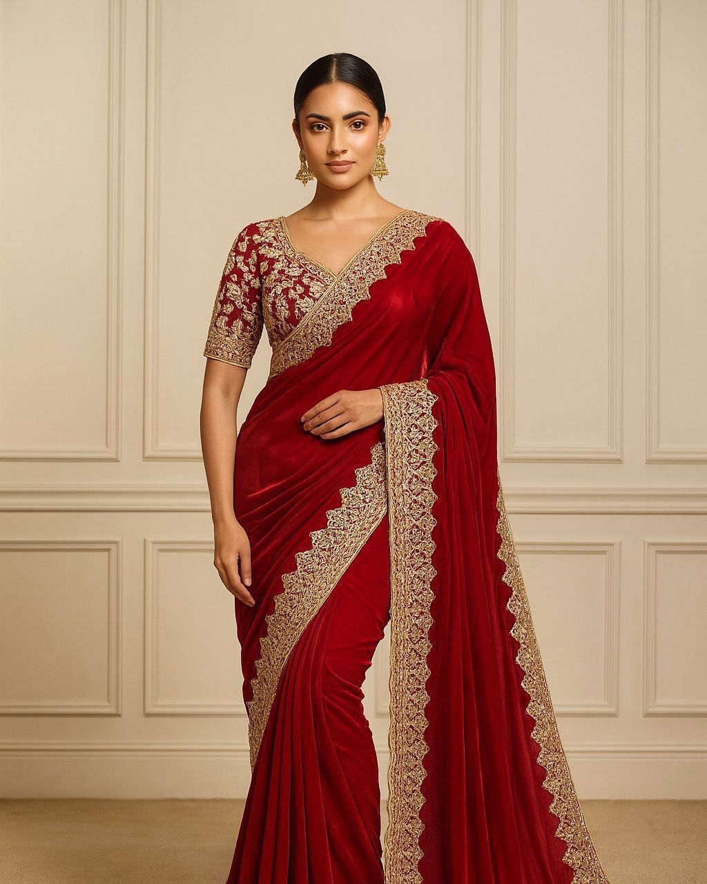 Fendy Velvet Saree with Gold Zari Border