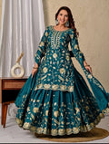 Party Wear Set – Teal Heavy Chinnon Silk with Sequin 3xl