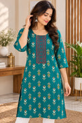 Teal Multicolour Motif Print Kurti – L