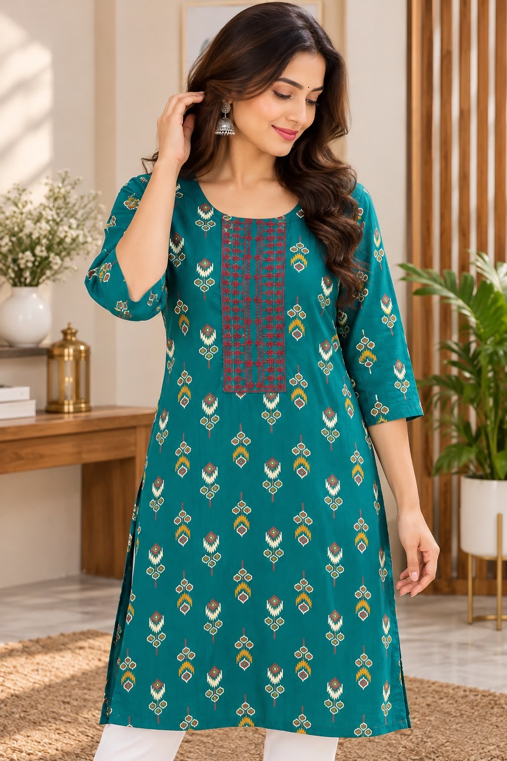 Teal Multicolour Motif Print Kurti – L
