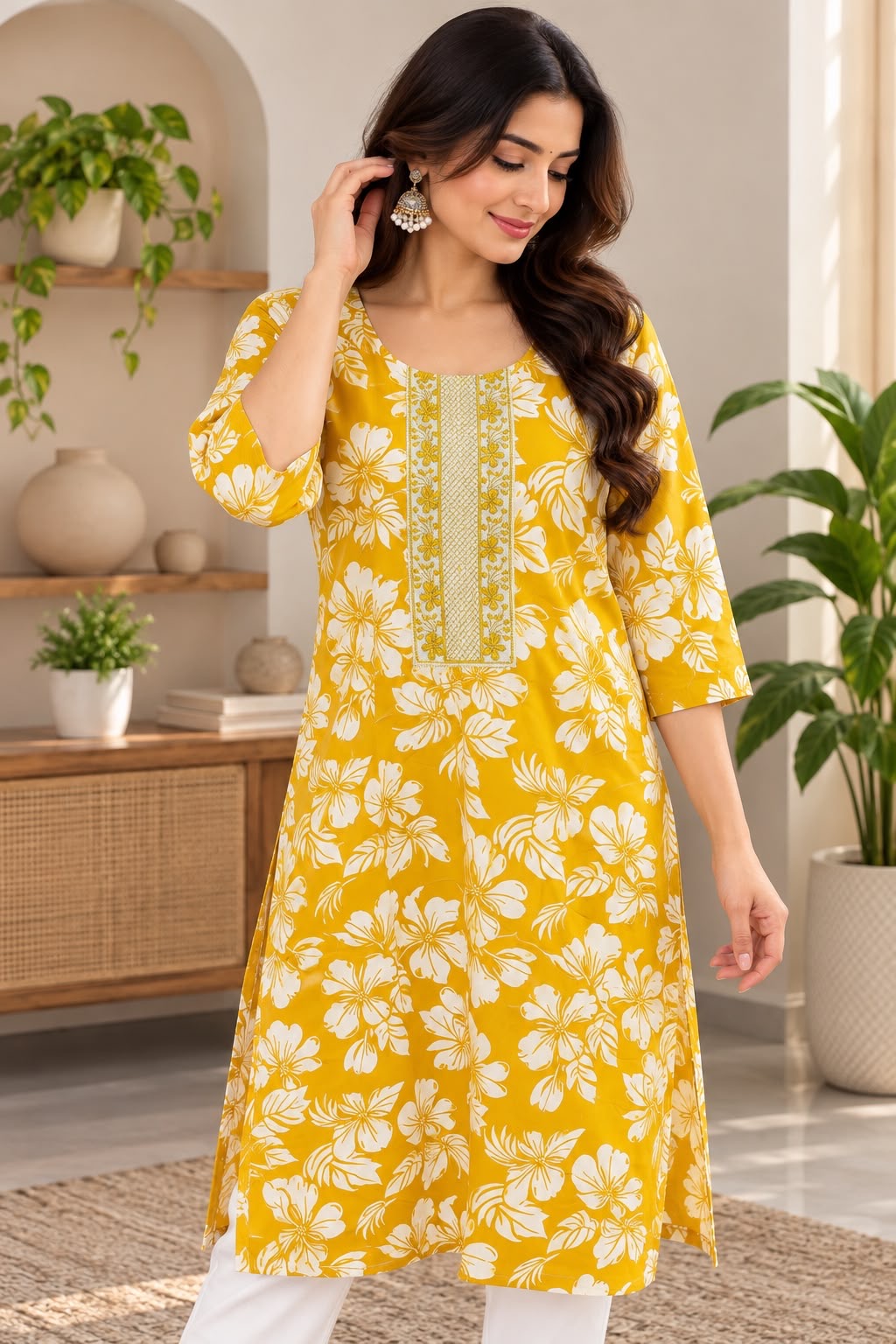 Yellow and White Floral Print Kurti – M