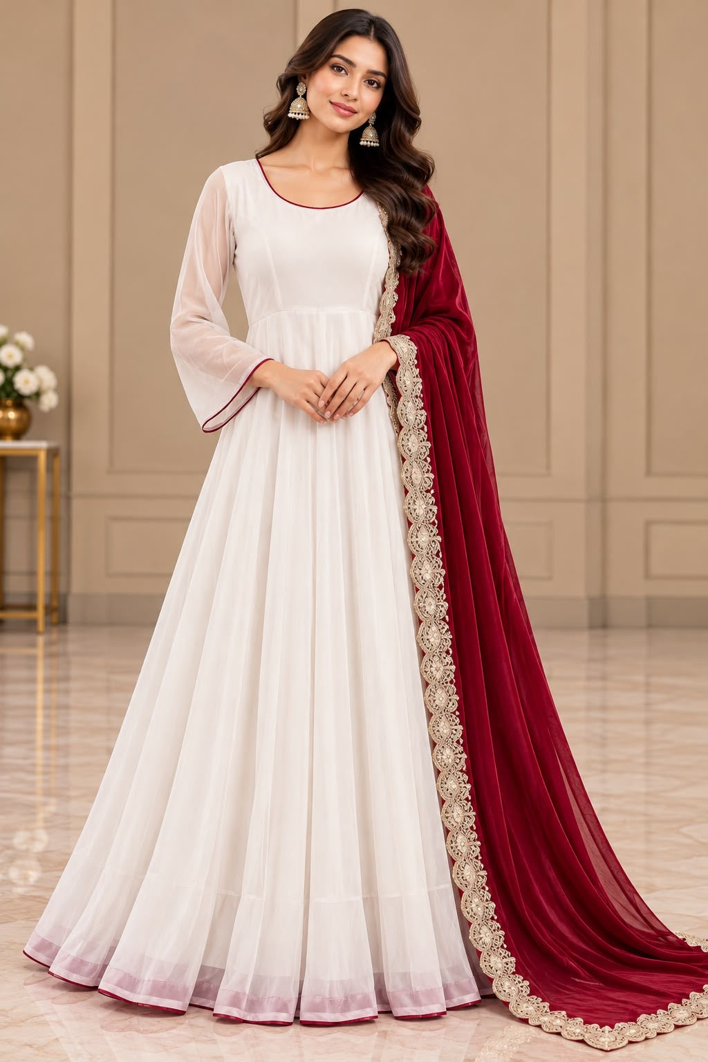 Cremeweißes Anarkali-Kleid mit weinroten Akzenten leicht befleckt -beschädigt!! L size