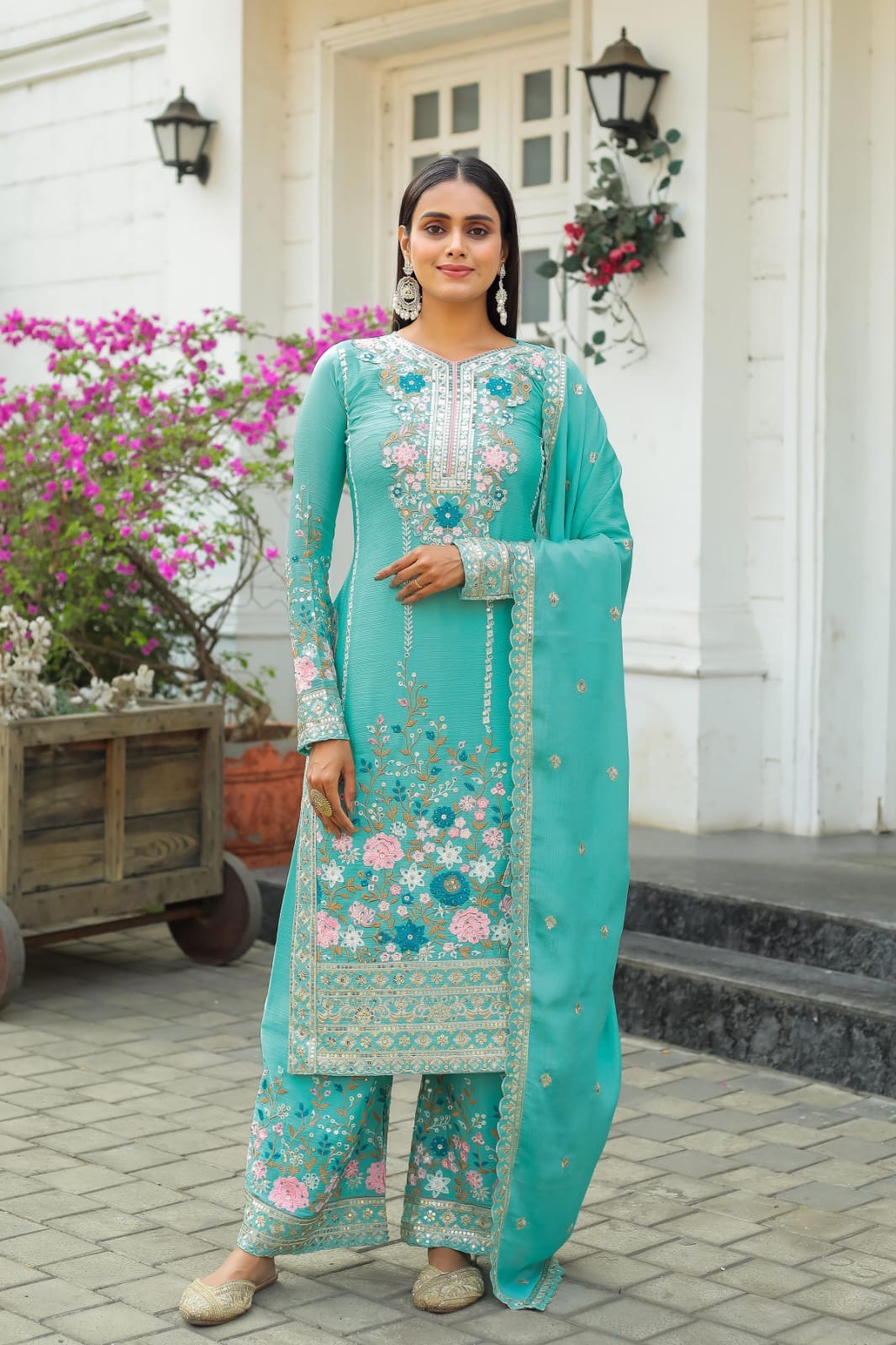 Turquoise Floral Embroidered Salwar XL